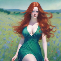 A voluptuous woman with emerald eyes and extremely long, luscious red hair flowing down past her knees