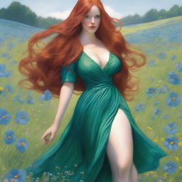 A voluptuous woman with emerald eyes and extremely long, luscious red hair flowing down past her knees