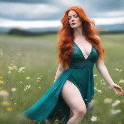 A voluptuous woman with emerald eyes and extremely long, flowing red hair that reaches down past her knees