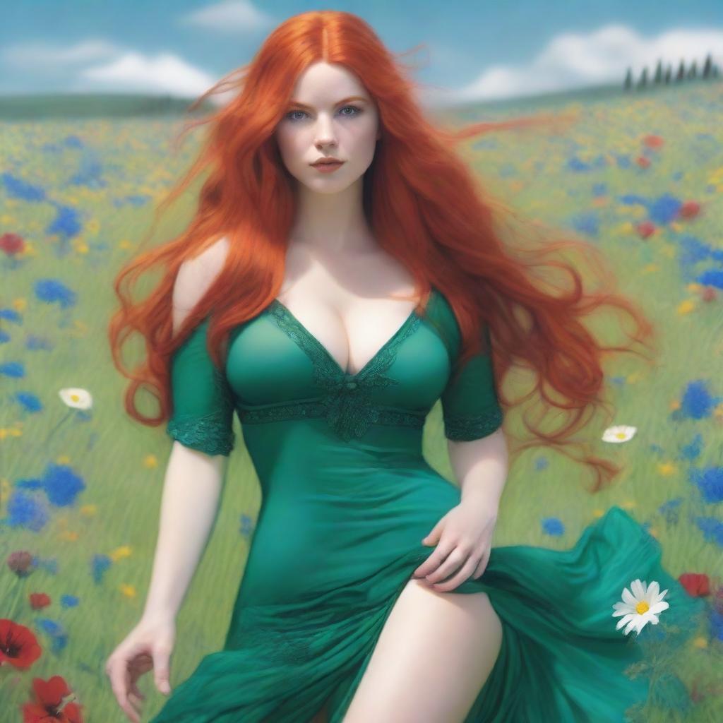 A voluptuous woman with emerald eyes and extremely long, flowing red hair that reaches down past her knees