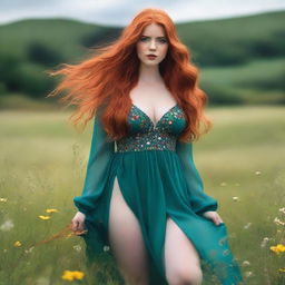 A voluptuous woman with emerald eyes and extremely long, flowing red hair that reaches down past her knees