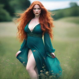 A voluptuous woman with emerald eyes and extremely long, flowing red hair that reaches down past her knees