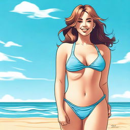 A young woman in a bikini by the beach, enjoying the sunny weather