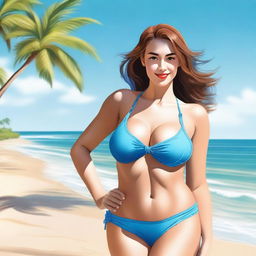 A young woman in a bikini, turned to her side, showcasing her curvy figure with an emphasis on her large chest and hips