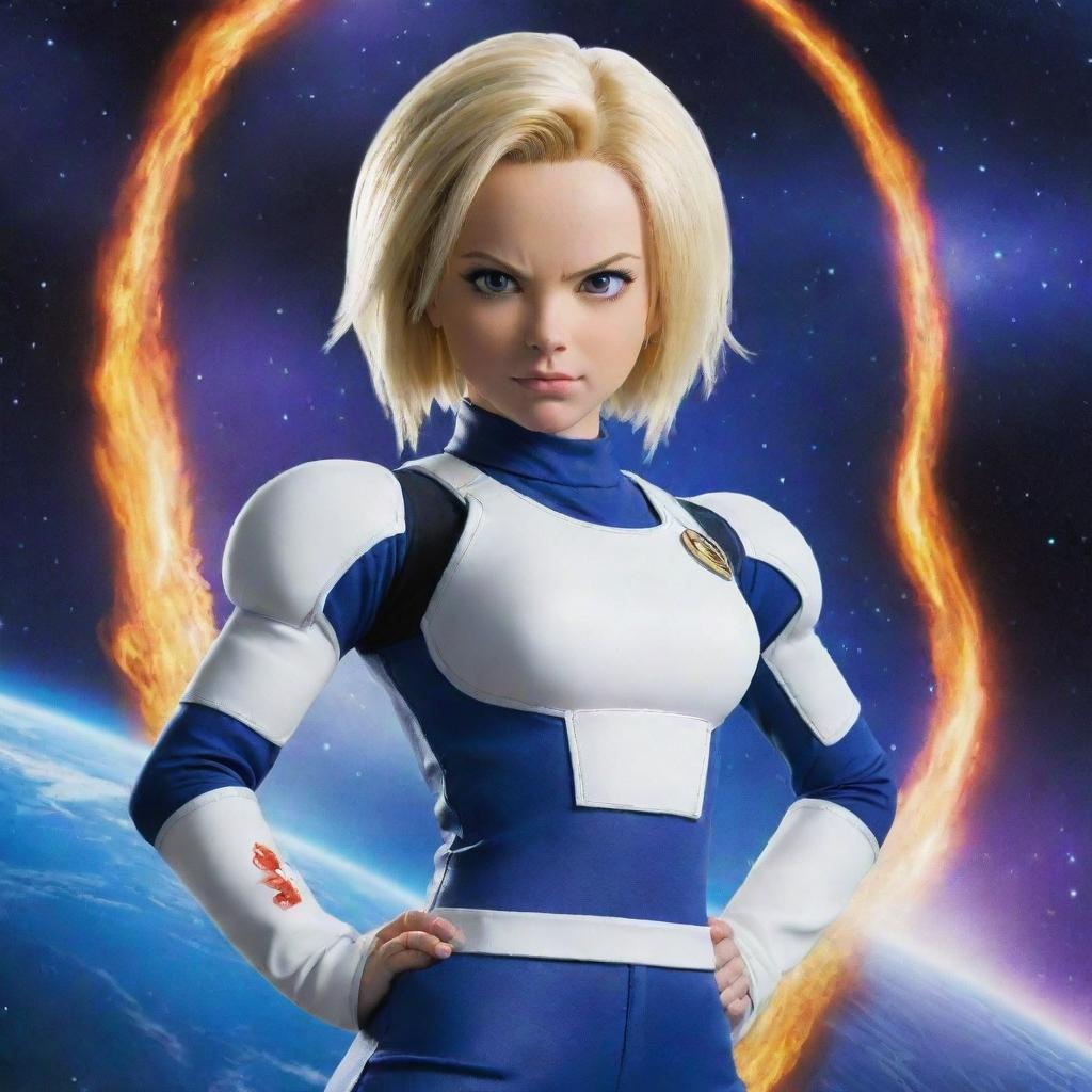 Android 18 from Dragon Ball Z in a Saiyan outfit, standing strong with an epic cosmic background.