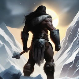 A dark-haired barbarian warrior, seen from behind, holding a war hammer similar to Thor's