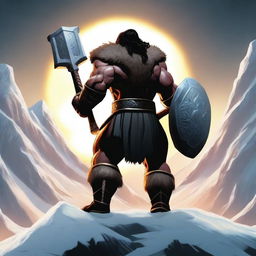 A dark-haired barbarian warrior, seen from behind, holding a war hammer similar to Thor's