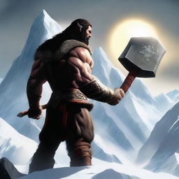 A dark-haired barbarian warrior, seen from behind, holding a war hammer similar to Thor's