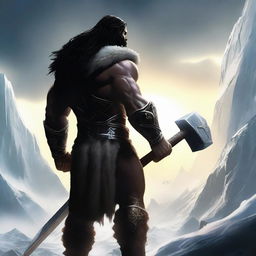 A dark-haired barbarian warrior, seen from behind, holding a war hammer similar to Thor's