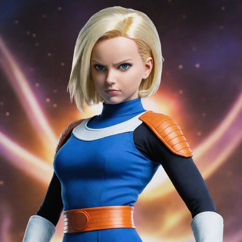 Android 18 from Dragon Ball Z in a Saiyan outfit, standing strong with an epic cosmic background.