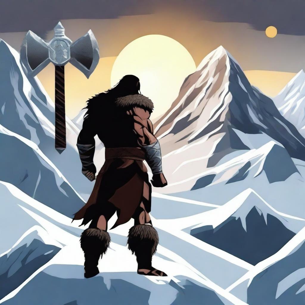 Create an image of a barbarian warrior with dark brown hair, seen from behind, holding a war hammer similar to Thor's