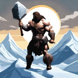 Create an image of a barbarian warrior with dark brown hair, seen from behind, holding a war hammer similar to Thor's