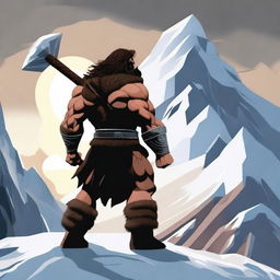 Create an image of a barbarian warrior with dark brown hair, seen from behind, holding a war hammer similar to Thor's