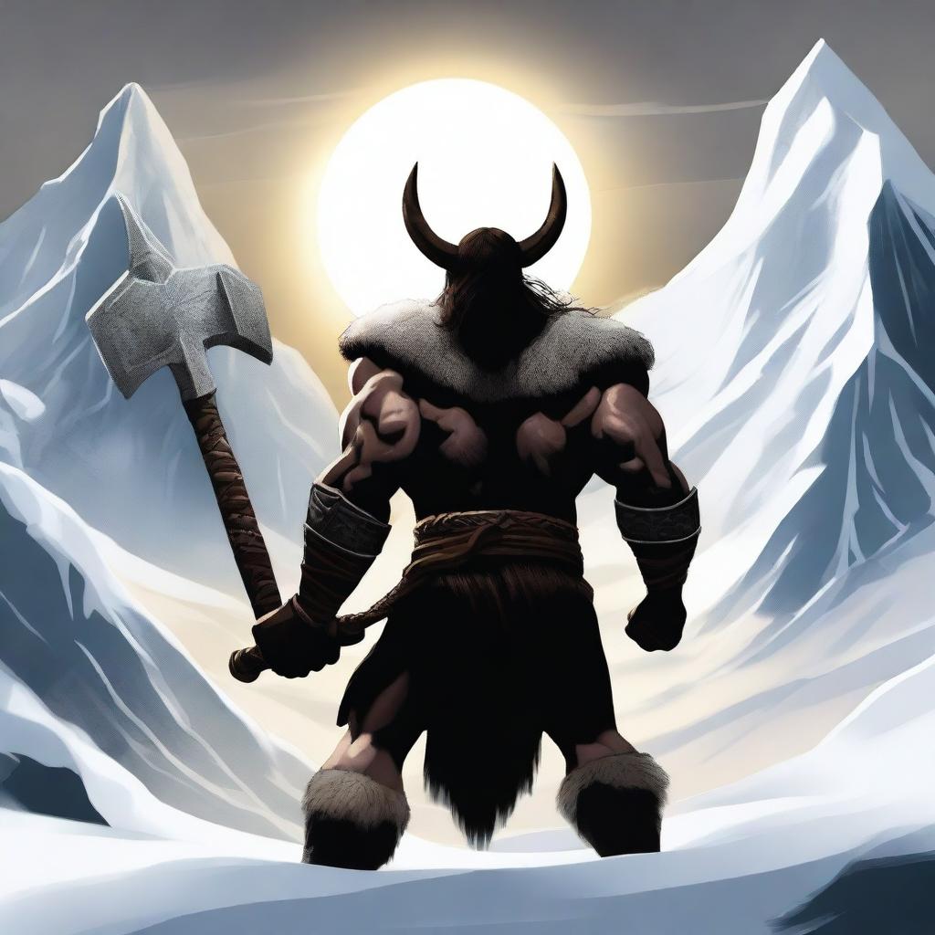 Create an image of a dark-haired barbarian warrior seen from behind, holding a war hammer similar to Thor's