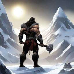 Create an image of a dark-haired barbarian warrior seen from behind, holding a war hammer similar to Thor's