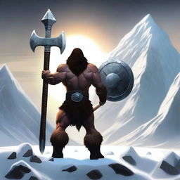 Create an image of a dark-haired barbarian warrior seen from behind, holding a war hammer similar to Thor's