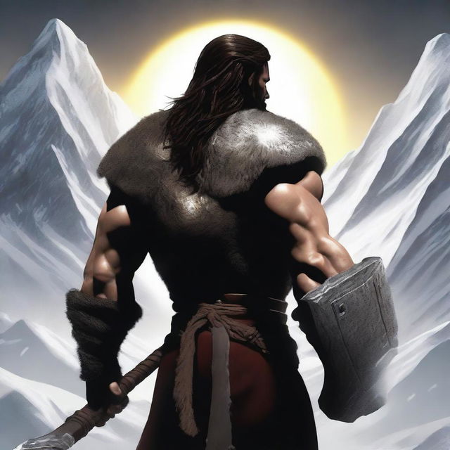 Create an image of a dark-haired barbarian warrior seen from behind, holding a war hammer similar to Thor's