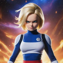 Android 18 from Dragon Ball Z in a Saiyan outfit, standing strong with an epic cosmic background.