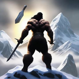 Create an image of a dark-haired barbarian warrior, shown from behind, holding a war hammer similar to Thor's