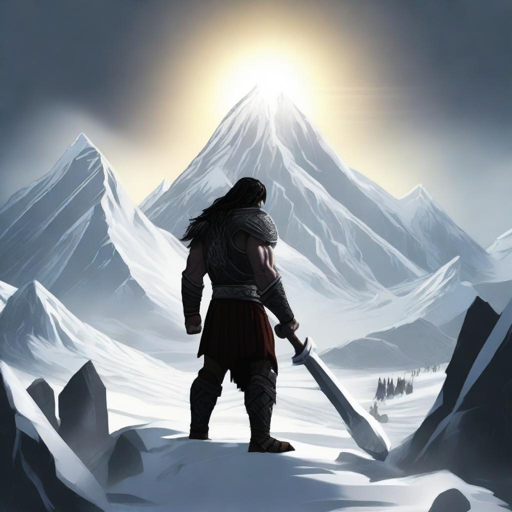 Create an image of a dark-haired barbarian warrior, shown from behind, holding a war hammer similar to Thor's