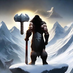 Create an image of a dark-haired barbarian warrior, shown from behind, holding a war hammer similar to Thor's