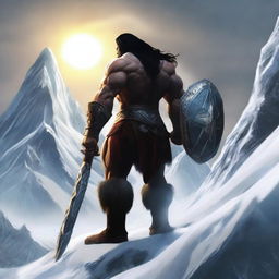 Create an image of a dark-haired barbarian warrior, shown from behind, holding a war hammer similar to Thor's