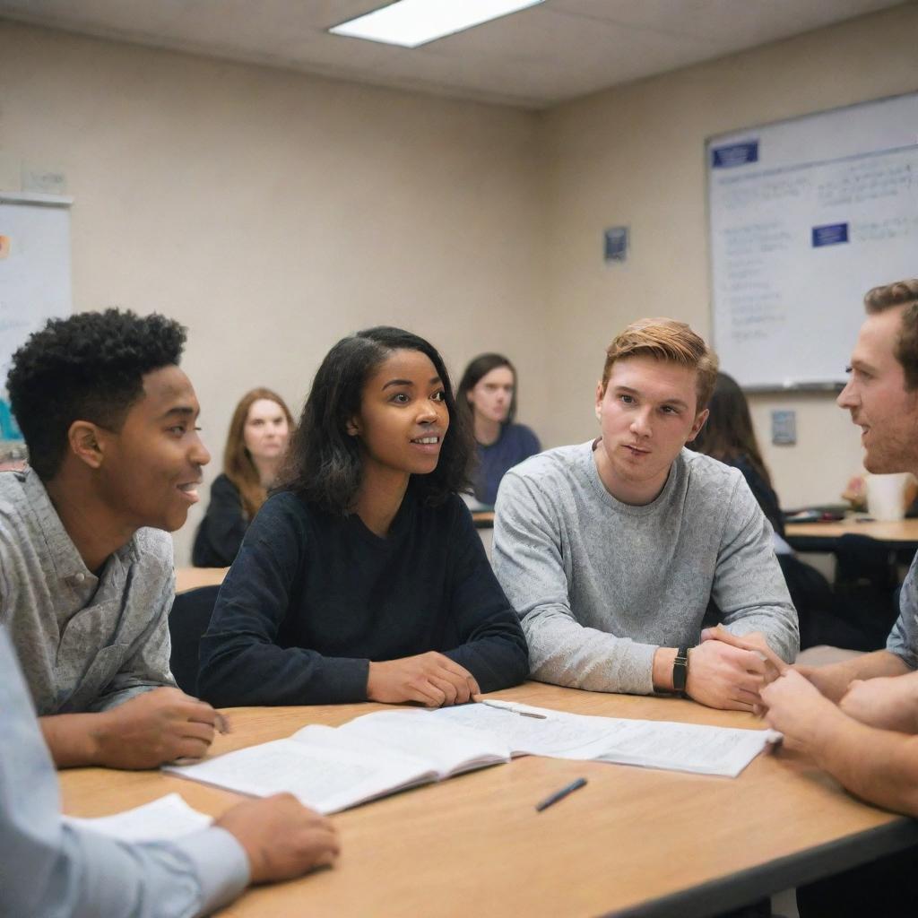 A group of diverse students studying advertising, engaged in deep discussion in a classroom environment