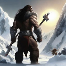 A realistic image of a barbarian warrior with dark brown hair, standing with his back turned, holding a warhammer similar to Thor's