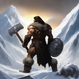 A realistic image of a barbarian warrior with dark brown hair, standing with his back turned, holding a warhammer similar to Thor's