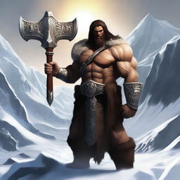 A realistic image of a barbarian warrior with dark brown hair, standing with his back turned, holding a warhammer similar to Thor's