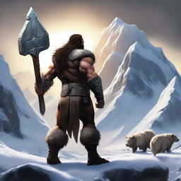 A realistic image of a barbarian warrior with dark brown hair, standing with his back turned, holding a warhammer similar to Thor's