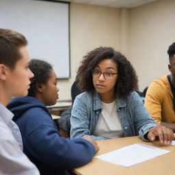 A group of diverse students studying advertising, engaged in deep discussion in a classroom environment