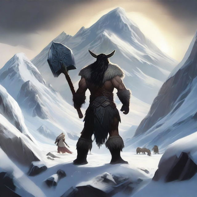 Create an image of a dark-haired barbarian warrior seen from the back, holding a war hammer similar to Thor's