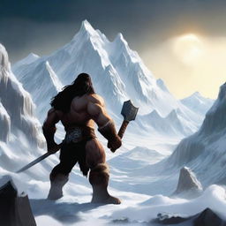 Create an image of a dark-haired barbarian warrior seen from the back, holding a war hammer similar to Thor's