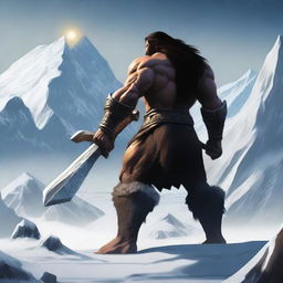 Create an image of a dark-haired barbarian warrior seen from the back, holding a war hammer similar to Thor's