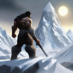 Create an image of a dark-haired barbarian warrior seen from the back, holding a war hammer similar to Thor's