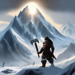 Create an image of a dark-haired barbarian warrior seen from behind, holding a war hammer similar to Thor's