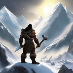 Create an image of a dark-haired barbarian warrior seen from behind, holding a war hammer similar to Thor's