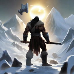 Create an image of a dark-haired barbarian warrior seen from behind, holding a war hammer similar to Thor's