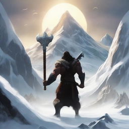 Create an image of a dark-haired barbarian warrior seen from behind, holding a war hammer similar to Thor's