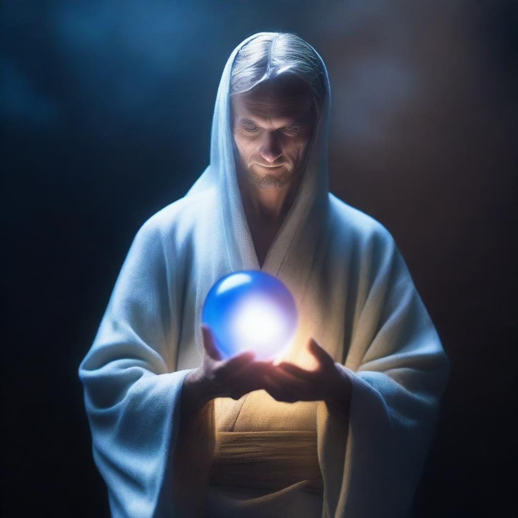 A man dressed in a flowing robe is holding a glowing blue ball of light in his hands