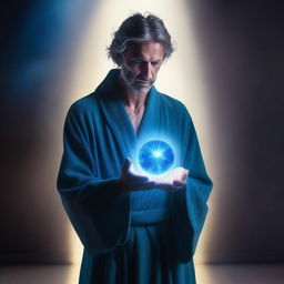 A man dressed in a flowing robe is holding a glowing blue ball of light in his hands