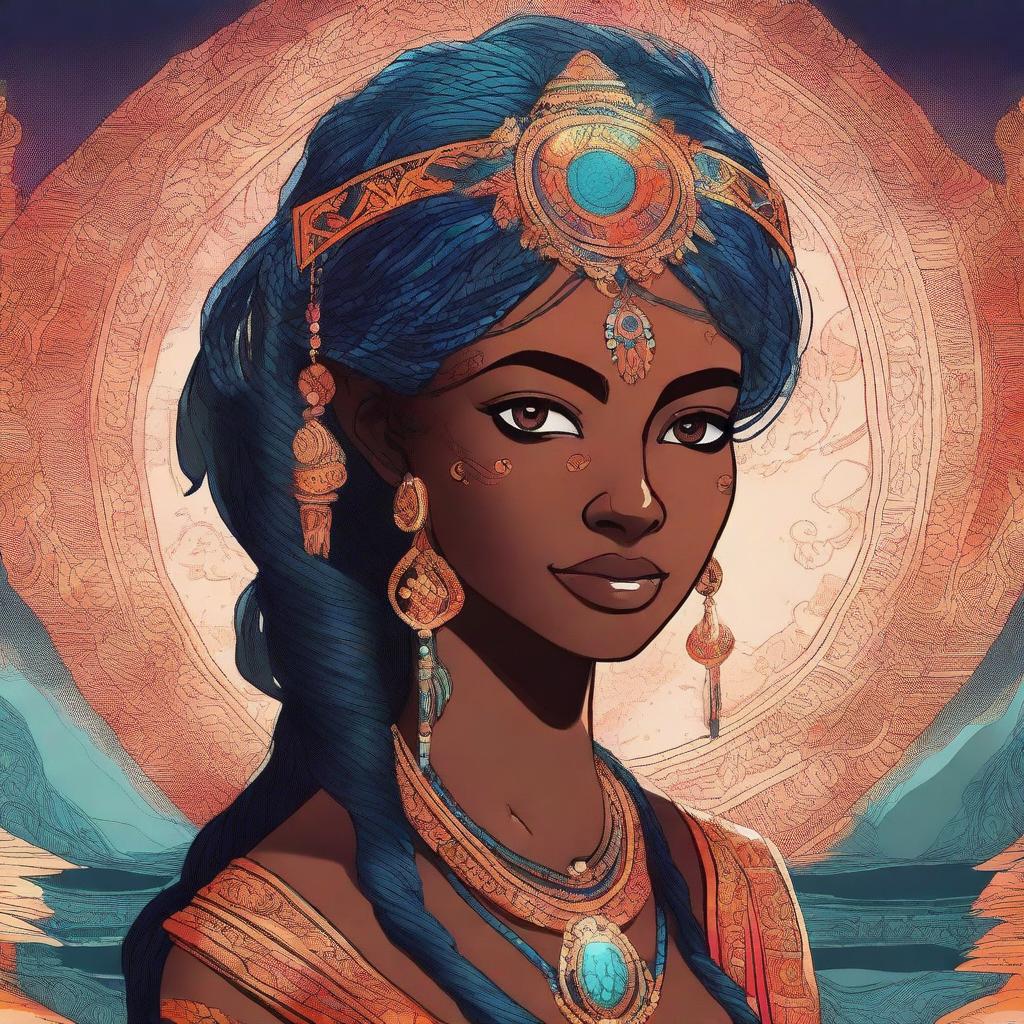 A detailed and vibrant illustration of Shetani, a character with a mystical and powerful presence