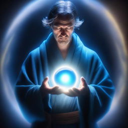 A man dressed in a flowing robe is holding a glowing blue ball of light in his hands