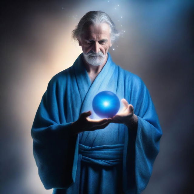 A man dressed in a flowing robe is holding a glowing blue ball of light in his hands