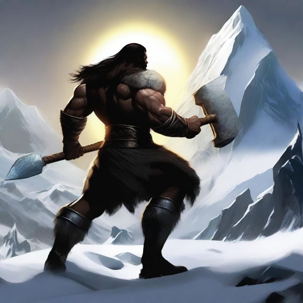 Create an image of a dark-haired barbarian warrior seen from behind, holding a war hammer similar to Thor's