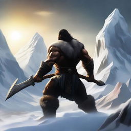 Create an image of a dark-haired barbarian warrior seen from behind, holding a war hammer similar to Thor's