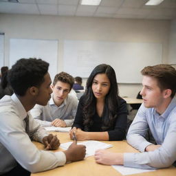 A group of diverse students studying advertising, engaged in deep discussion in a classroom environment