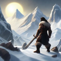 Create an image of a dark-haired barbarian warrior seen from behind, holding a war hammer similar to Thor's