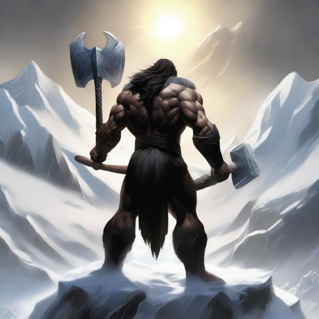 Create an image of a dark-haired barbarian warrior seen from behind, holding a war hammer similar to Thor's